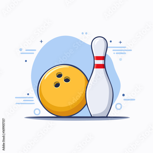 Yellow Bowling Ball And White Bowling Pin With Red Stripes On Blue Background