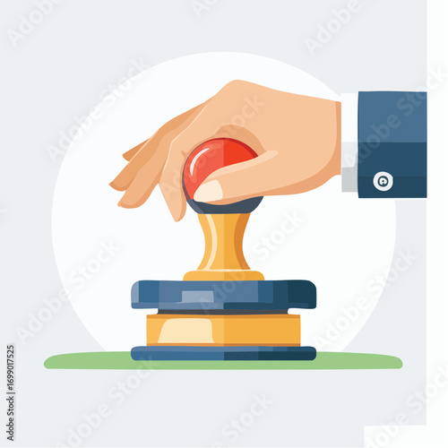 Hand Pressing Red Stamper on Document