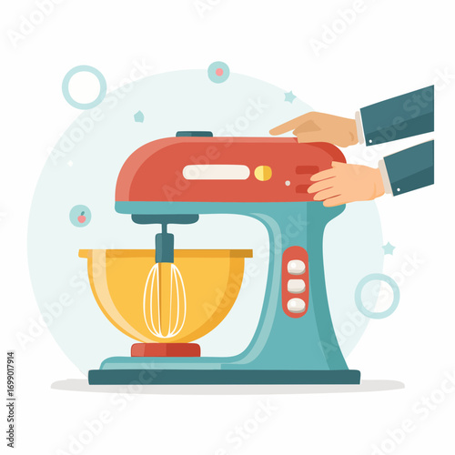 Hands Operating A Red And Blue Stand Mixer With Gold Bowl
