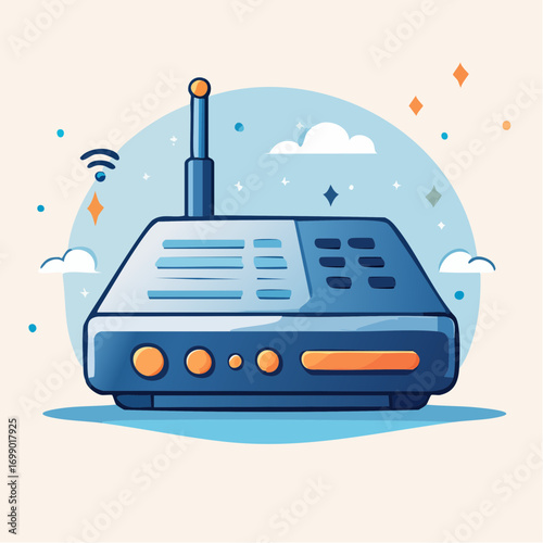 Blue And Orange Wireless Router With Antenna Against Blue Sky Background