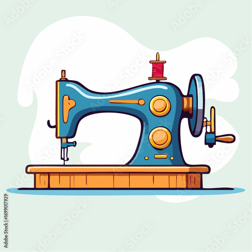 Vintage Blue Sewing Machine on Wooden Table with Red Thread