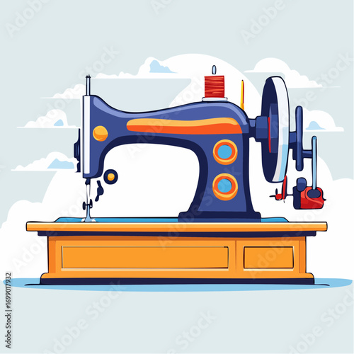 Vintage Blue Sewing Machine On Wooden Table With Spool Of Red Thread