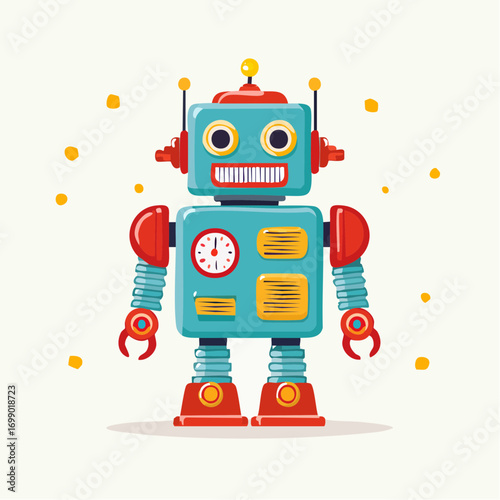 Retro Robot with Clock and Antennae on White Background