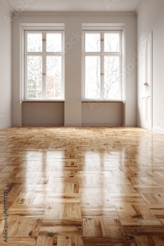 Empty room with polished parquet floor and large windows