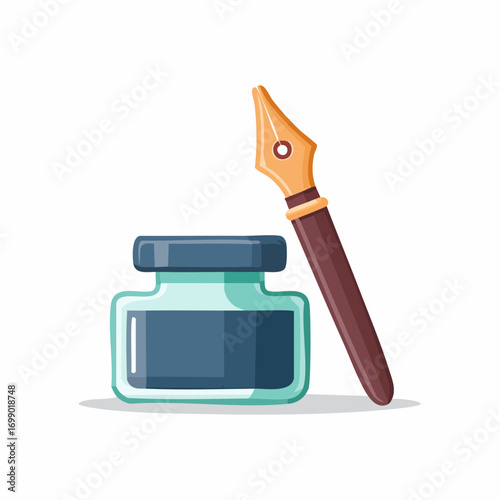 Gold Nib Pen And Teal Ink Bottle Illustration