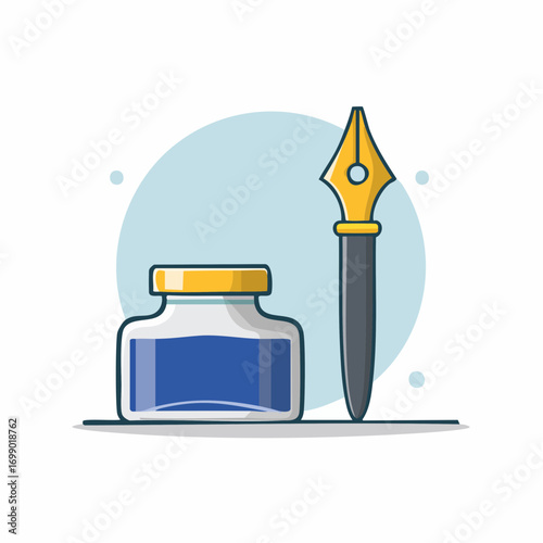 Blue Ink Bottle With Gold Cap and Pen on Table Illustration