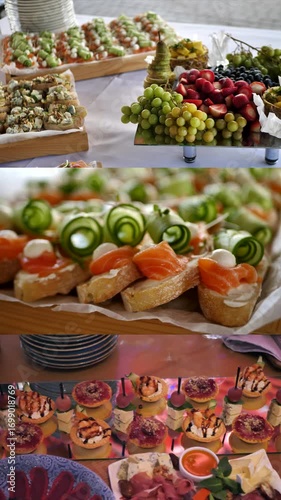 beautifully decorated banquet table with appetizers canapes. buffet for the holiday. collage,multiscreen