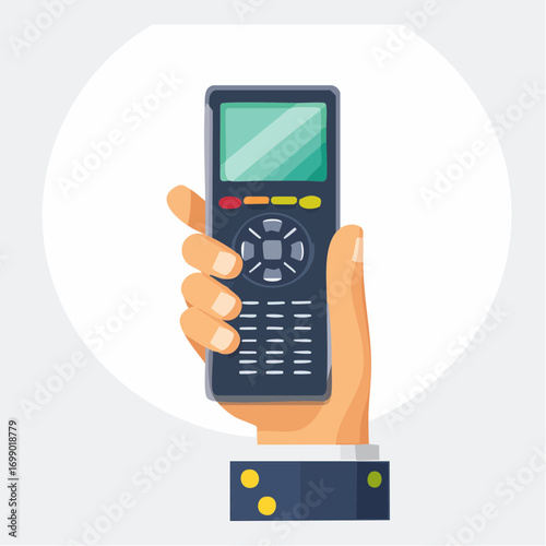 Hand Holding A Remote Control On White Circular Background