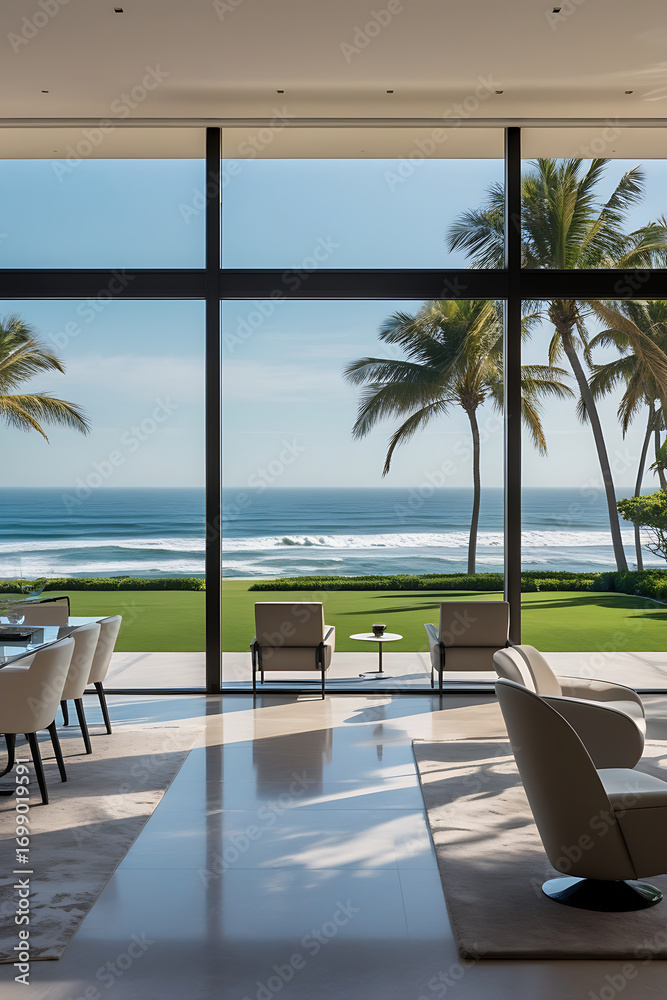 Fototapeta premium Luxury architecture, ocean front property landscape. Modern living room interior design with sleek contemporary designer furniture, minimalist decor large windows, panoramic coastal view background
