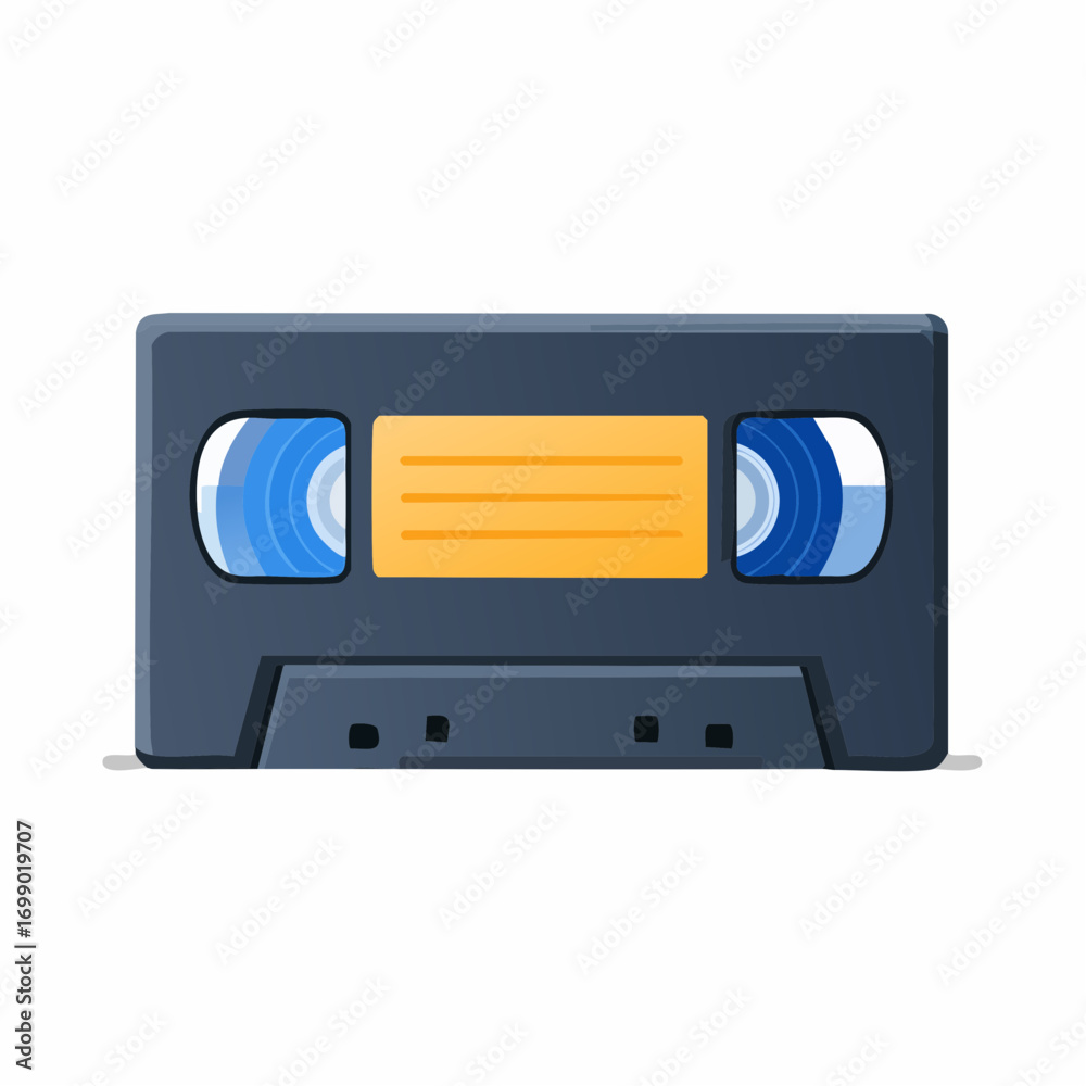 Fototapeta premium Black VHS Cassette Tape with Blue Reels and Orange Label
