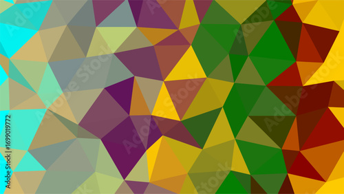 Abstract geometric low poly background with vibrant gradient of teal yellow green and purple texture