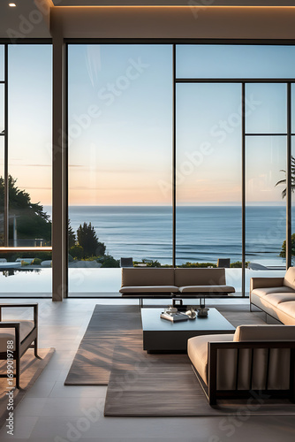 Luxury architecture, ocean front property landscape. Modern living room interior design with sleek contemporary designer furniture, minimalist decor large windows, panoramic coastal view background