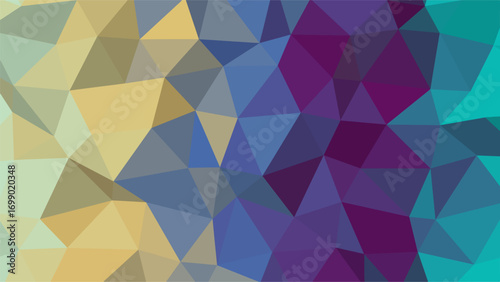 Abstract Low Poly Geometric Design with Yellow Blue Purple and Teal Triangles Keywords: abstract, geometric, low poly, pattern, background, triangle, polygon, mosaic, yellow, blue