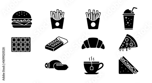 Variety of Black and White Fast Food Icons for Design