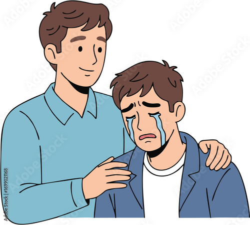 Man comforting a crying friend with a hand on his shoulder, showing support and empathy during a difficult time