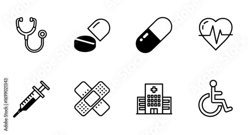 Collection of medical and healthcare line icons depicting essential health services and patient care concepts