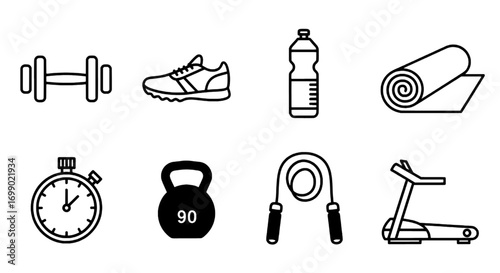 Fitness Equipment Dumbbell, Shoe, Bottle, Mat, Stopwatch, Kettlebell, Rope, Treadmill