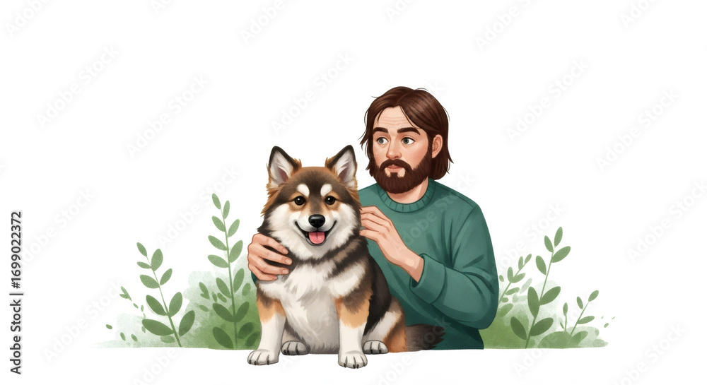 Obraz premium Man stroking dog. Happy owner spending time with loyal puppy. Pet care concept. Digital illustration with green plant details.