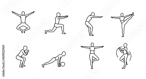 Line Art Depiction of Workout Exercises for Fitness and Well-being