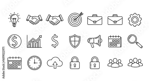 Essential collection of thin line icons blending business management with modern technology