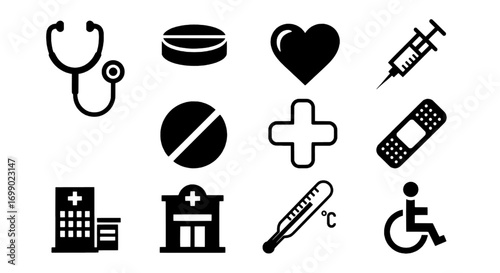 Essential Medical and Healthcare Icons Set for Digital Design and Health Resources Collection