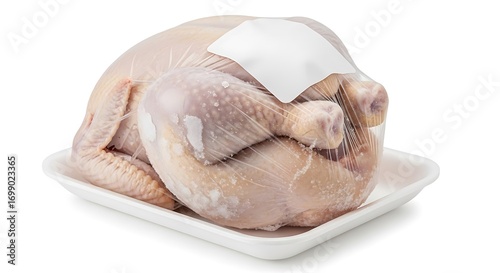 Uncooked Frozen Turkey Packaged in Clear Plastic and a White Tray
