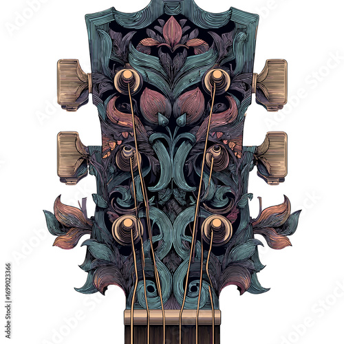 Vintage Guitar Headstock Design: An up-close perspective of a guitar's headstock featuring elaborate floral carvings, combining functionality with an appreciation for art.