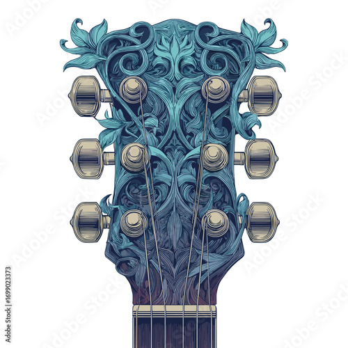 Artistic Guitar Headstock: An intricately designed guitar headstock showcasing ornate carvings of swirling foliage. This image represents the fusion of music and visual artistry.