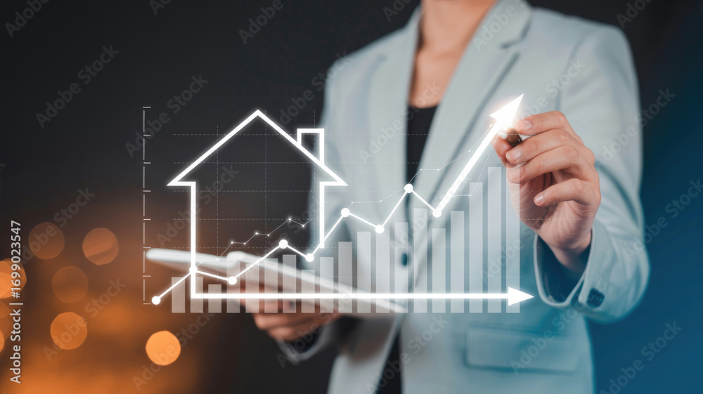 Fototapeta premium Property values skyrocketing as businesswoman predicts housing boom in future real estate market