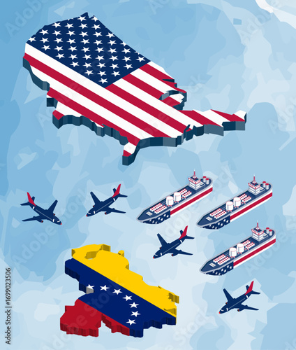 Isometric map and flag of Venezuela vs USA, battleship, fighter plane.