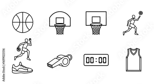 Basketball Icons Collection of Vector Graphics Featuring Balls, Hoops, Players, and Related Sports Equipment