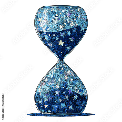 Ephemeral Time: A shimmering hourglass, a captivating blend of light and form, as tiny stars cascade, each grain a moment in the grand story of time.