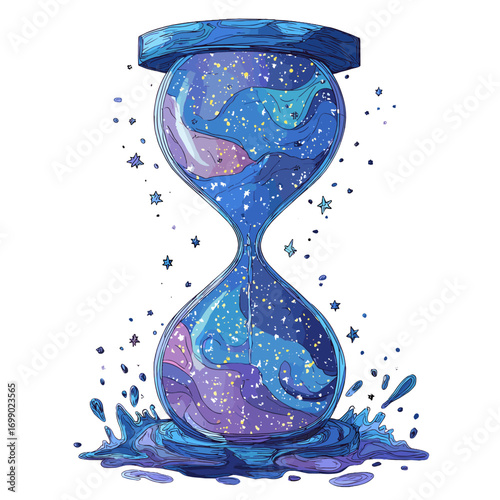 Hourglass of Cosmic Time: A watercolor illustration of an hourglass filled with a captivating cosmic scene, swirling galaxies, and starry skies, depicting the continuous passage of time.