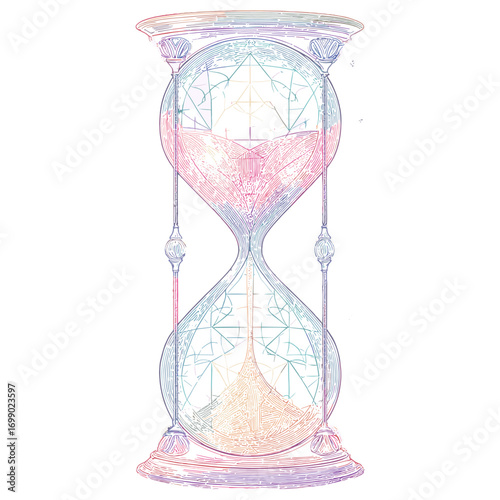 Eternal Sands of Time: A delicate hourglass, its transparent form gracefully housing the flow of time, symbolizes the passage of moments and the beauty of ephemeral existence. 