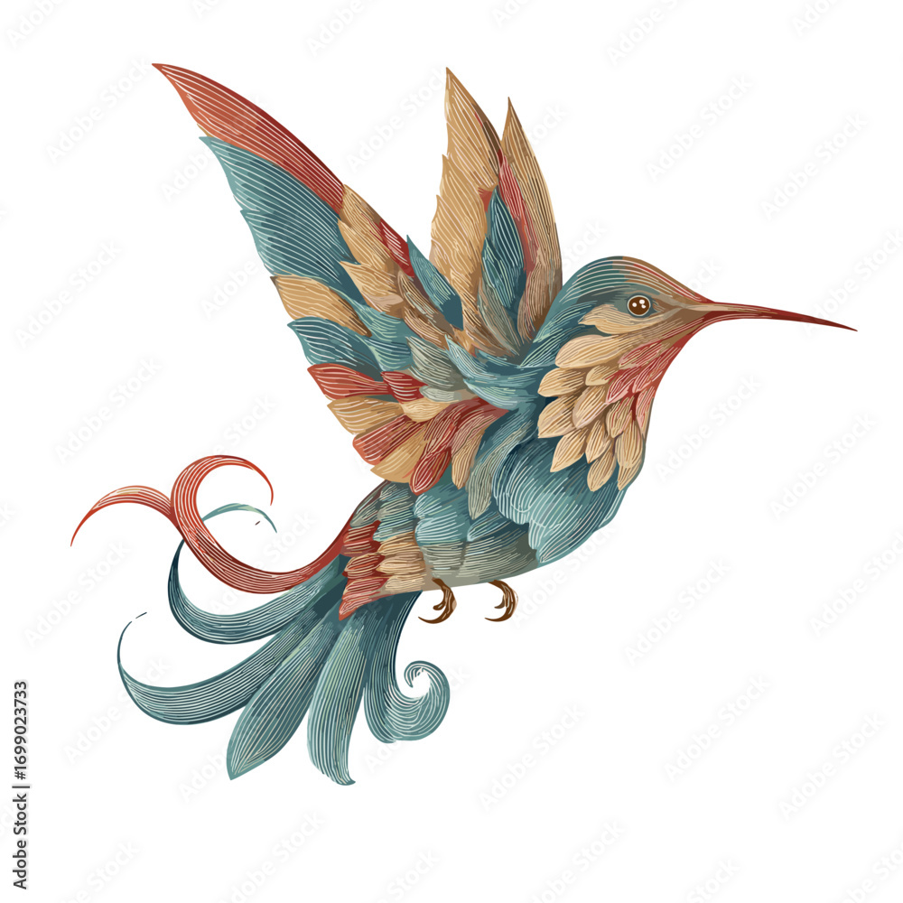 Obraz premium Watercolor Hummingbird: An elegant watercolor illustration of a hummingbird in flight, its colorful wings and intricate details, showcasing the delicate beauty of this tiny bird.
