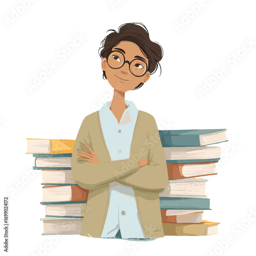 Intellectual Contemplation: A contemplative individual stands proudly, arms crossed, next to a towering stack of books, illustrating a dedication to knowledge and learning.
