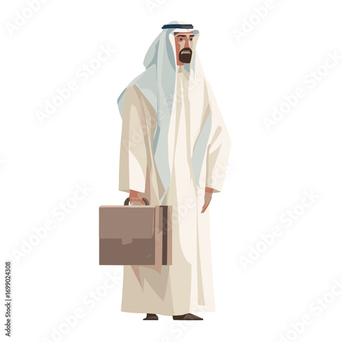 Elegant Man in Traditional Garb: A distinguished man, adorned in traditional attire, carries a briefcase, exuding confidence and sophistication.