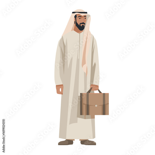 Arabian Business Traveler: A dignified Arabian individual, dressed in traditional attire, stands confidently, holding a briefcase, symbolizing business acumen and cultural heritage. 
