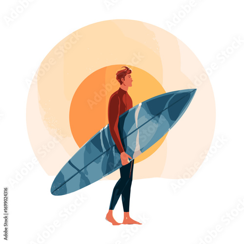 Surfer with surfboard at Sunset: An illustrated scene of a surfer carrying a surfboard, set against a warm sunset sky, the surfer standing in silhouette, about to enjoy a surf session.