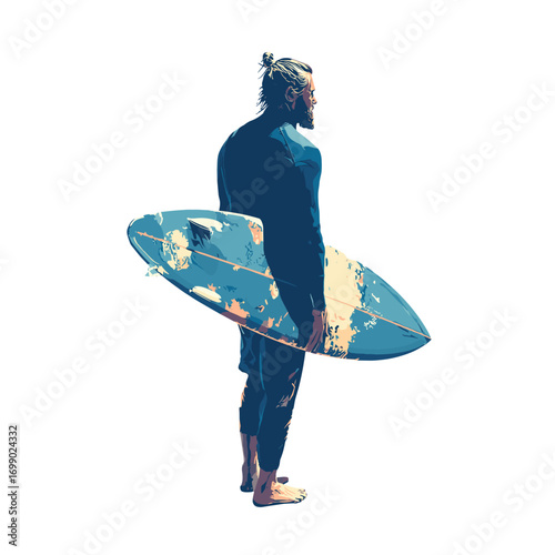Surfer with Board: Silhouette of a surfer, holding his board, poised against a radiant sky, epitomizing the surfer's spirit. This image is a vibrant celebration of adventure and the surfer lifestyle