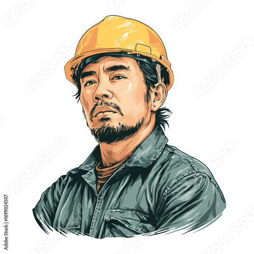 Hard Hat Portrait: A focused construction worker in a yellow hard hat, embodies diligence and expertise in a clean, professional setting. This portrait signifies dedication.