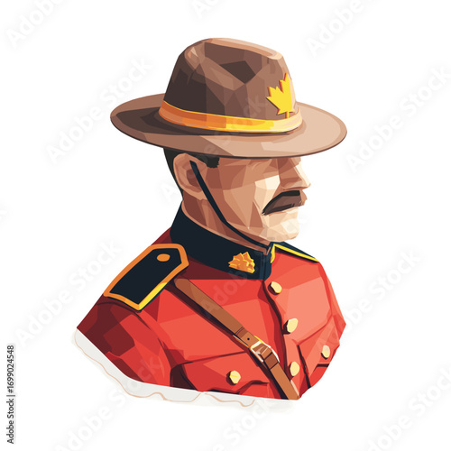 Royal Police Officer Portrait: A digital illustration of a distinguished officer, a symbol of order and service, his stoic face and traditional attire standing out with bold lines and flat colors.
