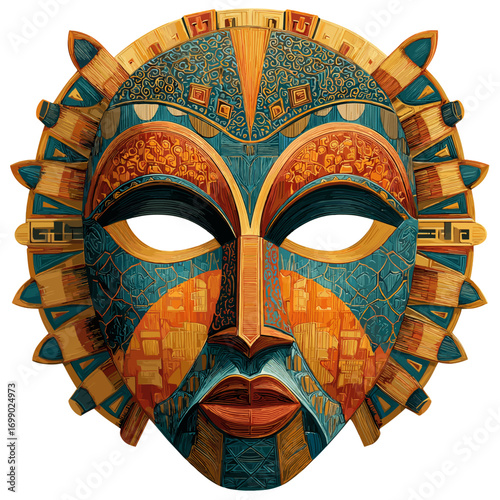Artful African Mask: A intricately designed tribal mask, displaying vibrant colors and detailed patterns, symbolizing heritage and tradition.