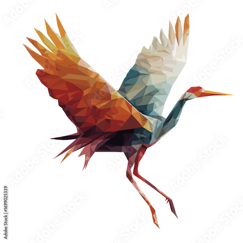 Geometric Bird in Flight: A geometrically stylized bird with vibrant colors soars gracefully. This low poly artwork represents freedom and artistry.