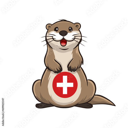 Happy Otter Logo: A charming otter mascot with a Swiss cross design, perfect for branding and promoting health, wellness, or charitable causes, exuding positivity, playfulness, and a sense of caring.