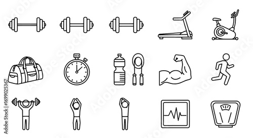 Fitness and Wellness Icons Dumbbells, Treadmill, and Exercise Equipment for a Healthy Lifestyle
