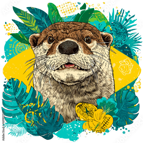 Smiling Otter's Jungle Escape: A playful otter's head emerges from a vivid collage of lush green leaves and vibrant tropical elements. Capturing the joyful spirit and untamed beauty of the jungle 