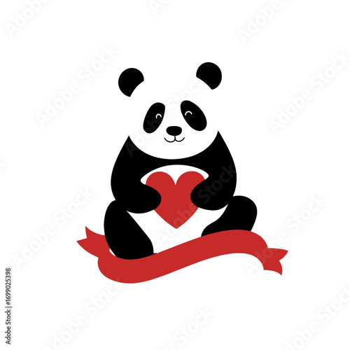 Panda's tender hug of Love: a darling cartoon panda delicately clutches a bright red heart, expressing a universally beloved message of affection and warmth.