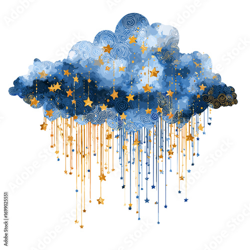 Celestial Dreamscape: An ethereal watercolor illustration showcases a serene, abstract composition featuring a stylized cloud adorned with radiant golden stars and delicate celestial threads.