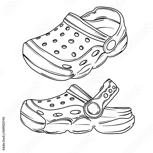 Detailed line art illustration of two clogs, showcasing their design and features. Perfect for footwear design or casual wear themes.